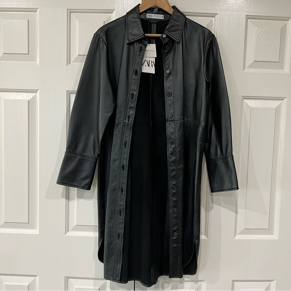 Brand New with tags Zara Black Long 100% Sheep Leather Jacket in size Large